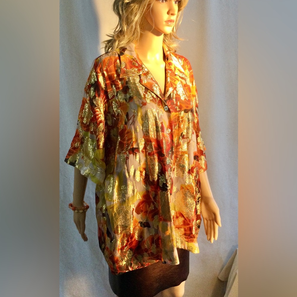 TOPSHOP orange metallic gold sheer short sleeve collared tunic Unique split back - Picture 6 of 14